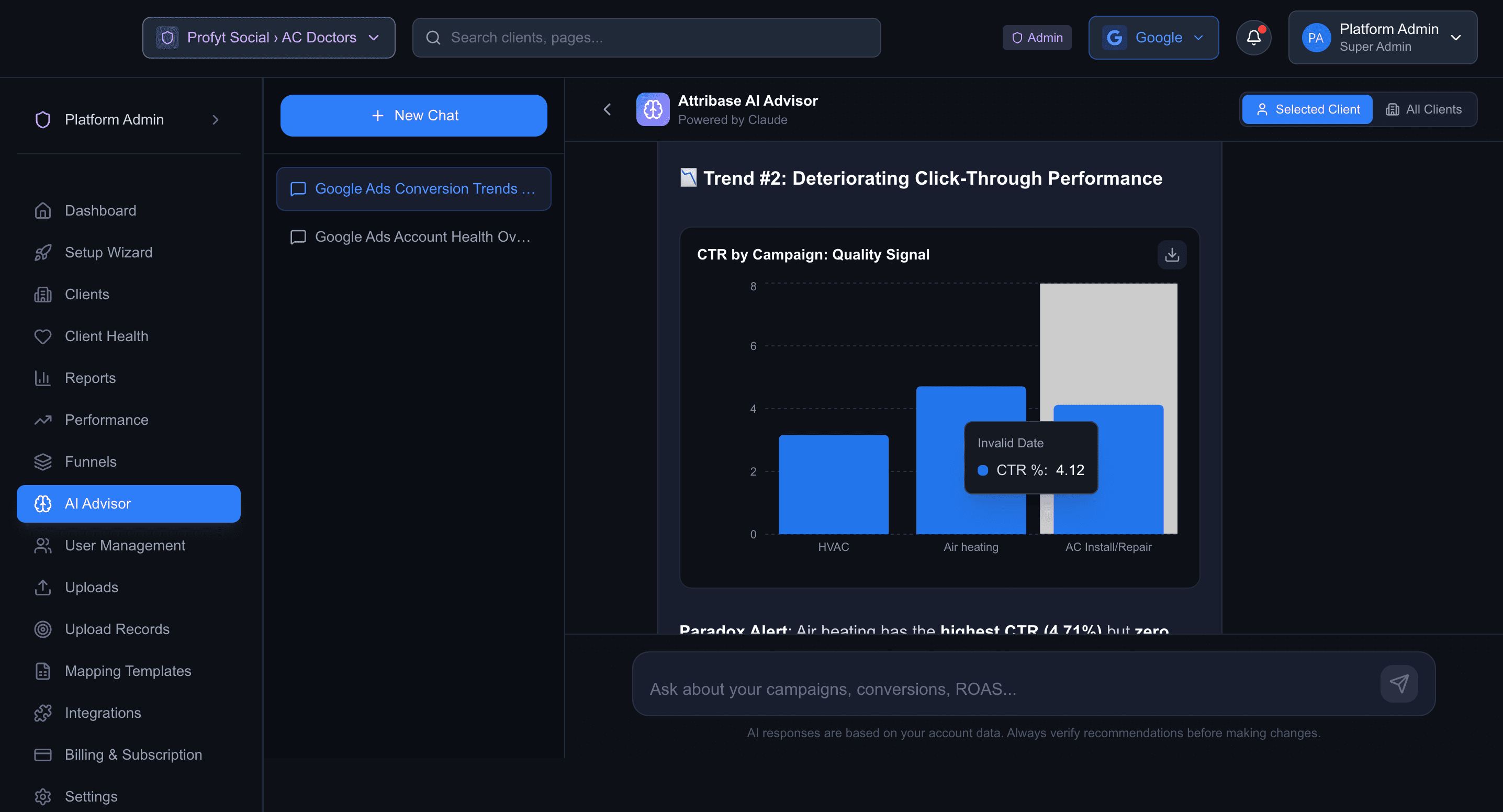 AI Advisor analyzing campaign trends and providing actionable recommendations