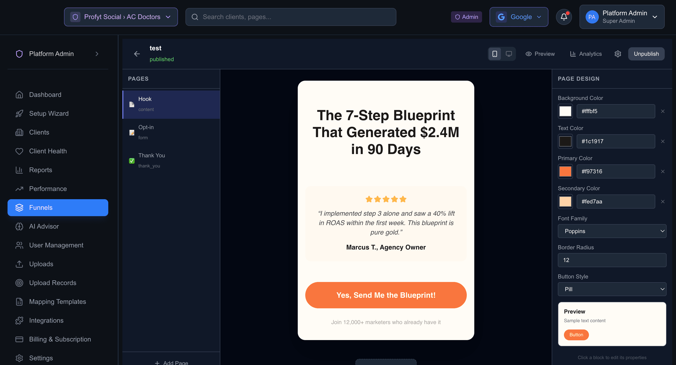 Funnel Builder with drag-and-drop pages and live preview of lead capture funnels